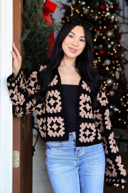 Timeless Warmth Black Crochet Knit Cardigan