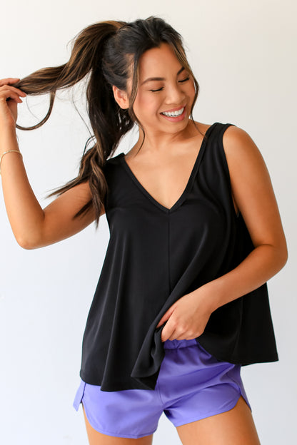 black basic v-neck Tank on model