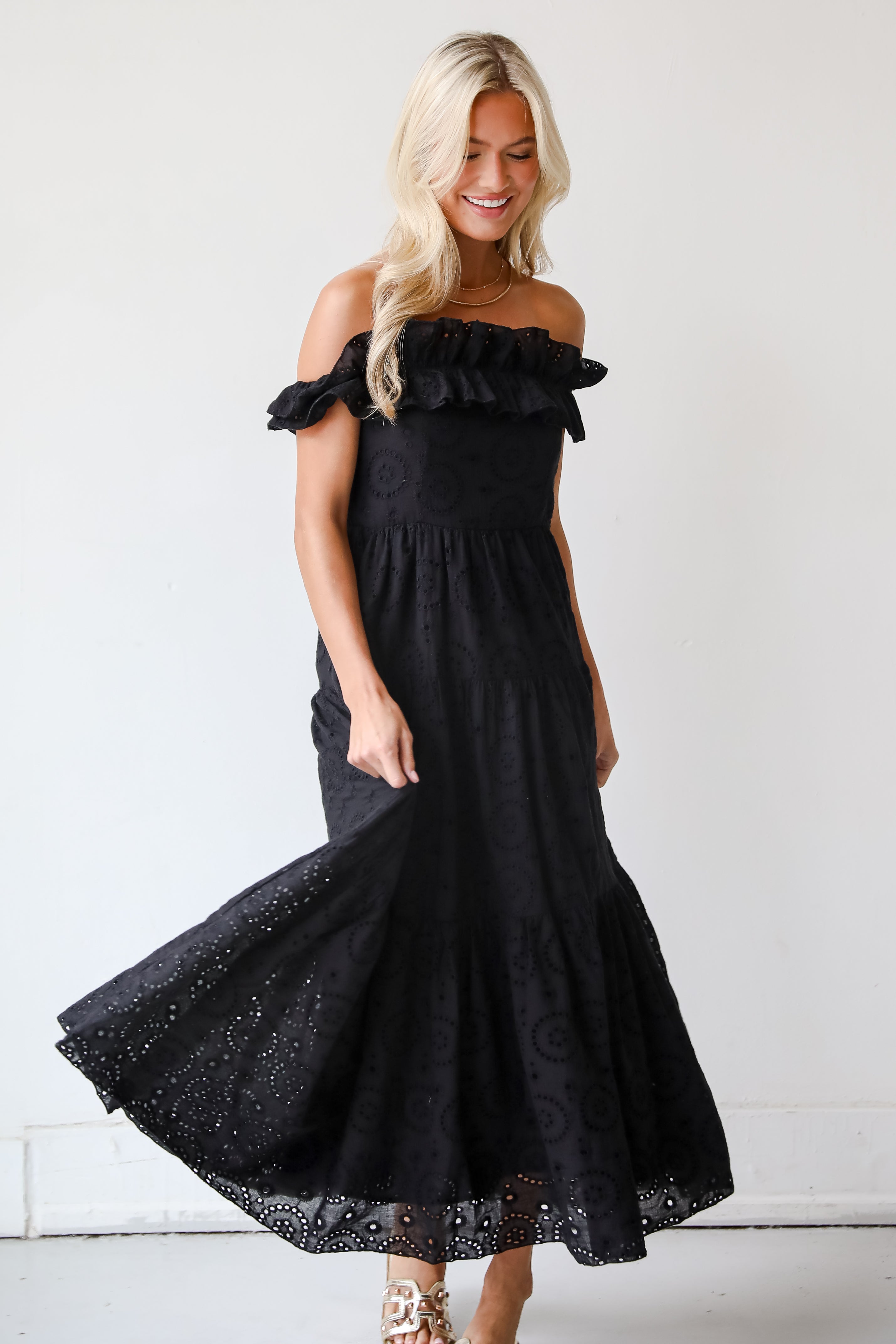 Lush Loveliness Black Eyelet Tiered Midi Dress