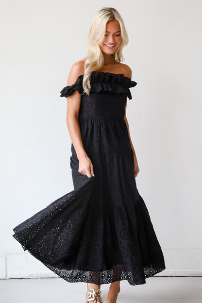 Lush Loveliness Black Eyelet Tiered Midi Dress