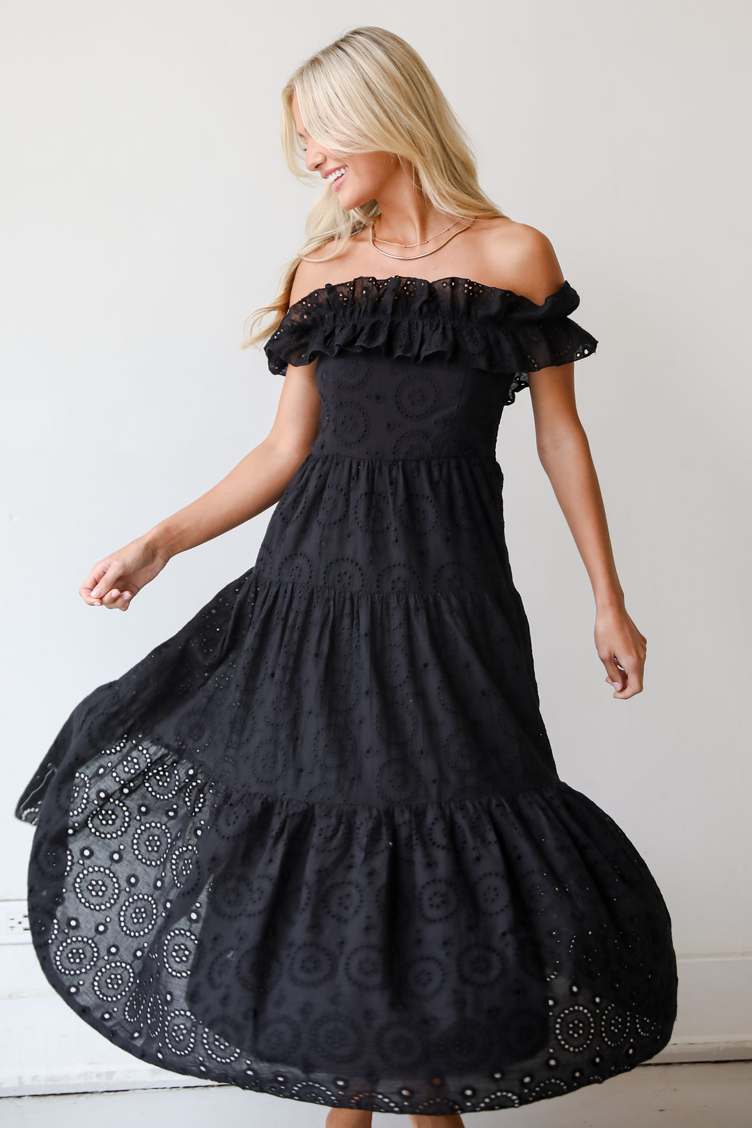 Lush Loveliness Black Eyelet Tiered Midi Dress