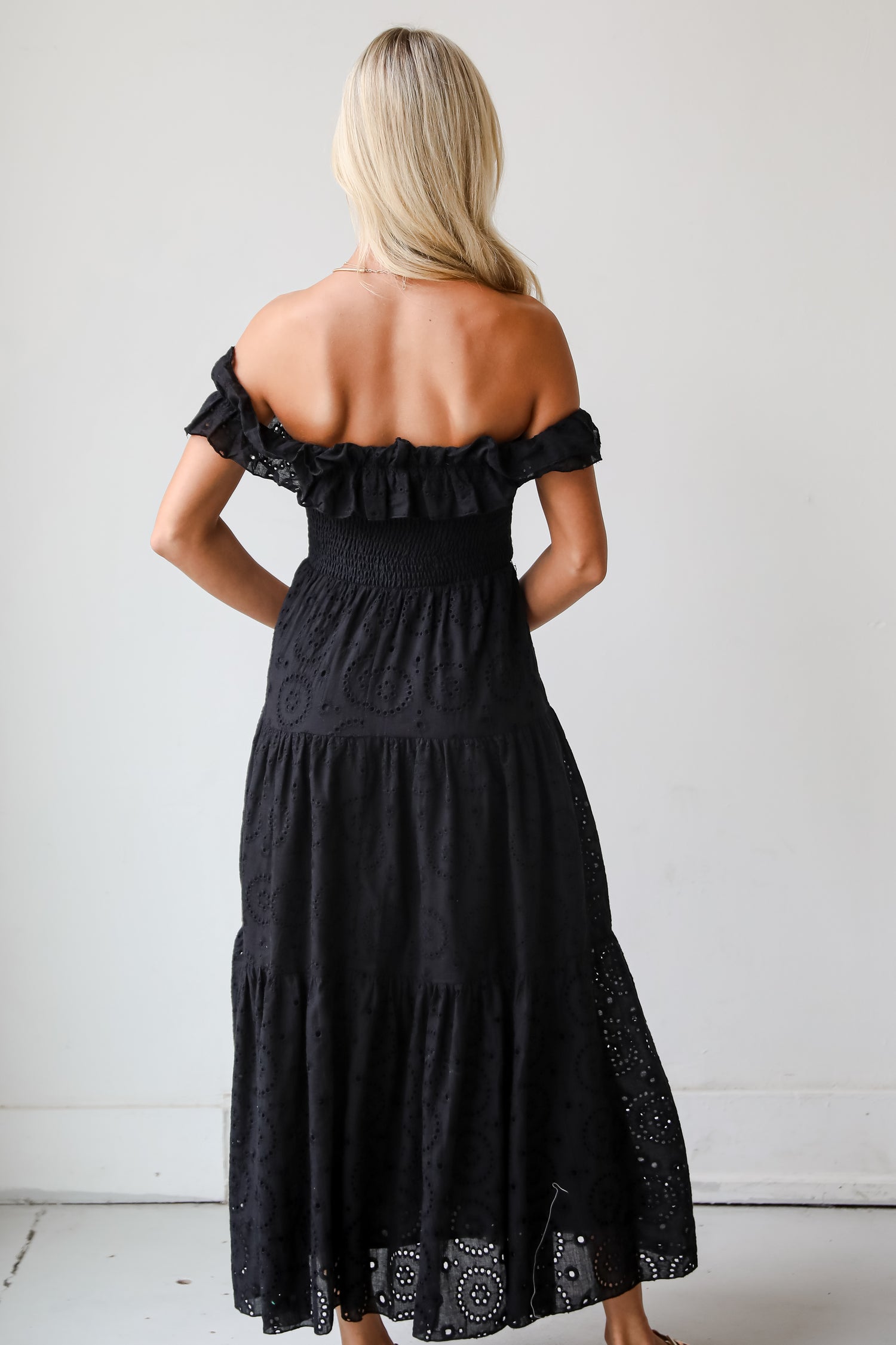 Lush Loveliness Black Eyelet Tiered Midi Dress