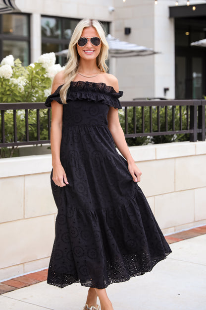 Lush Loveliness Black Eyelet Tiered Midi Dress