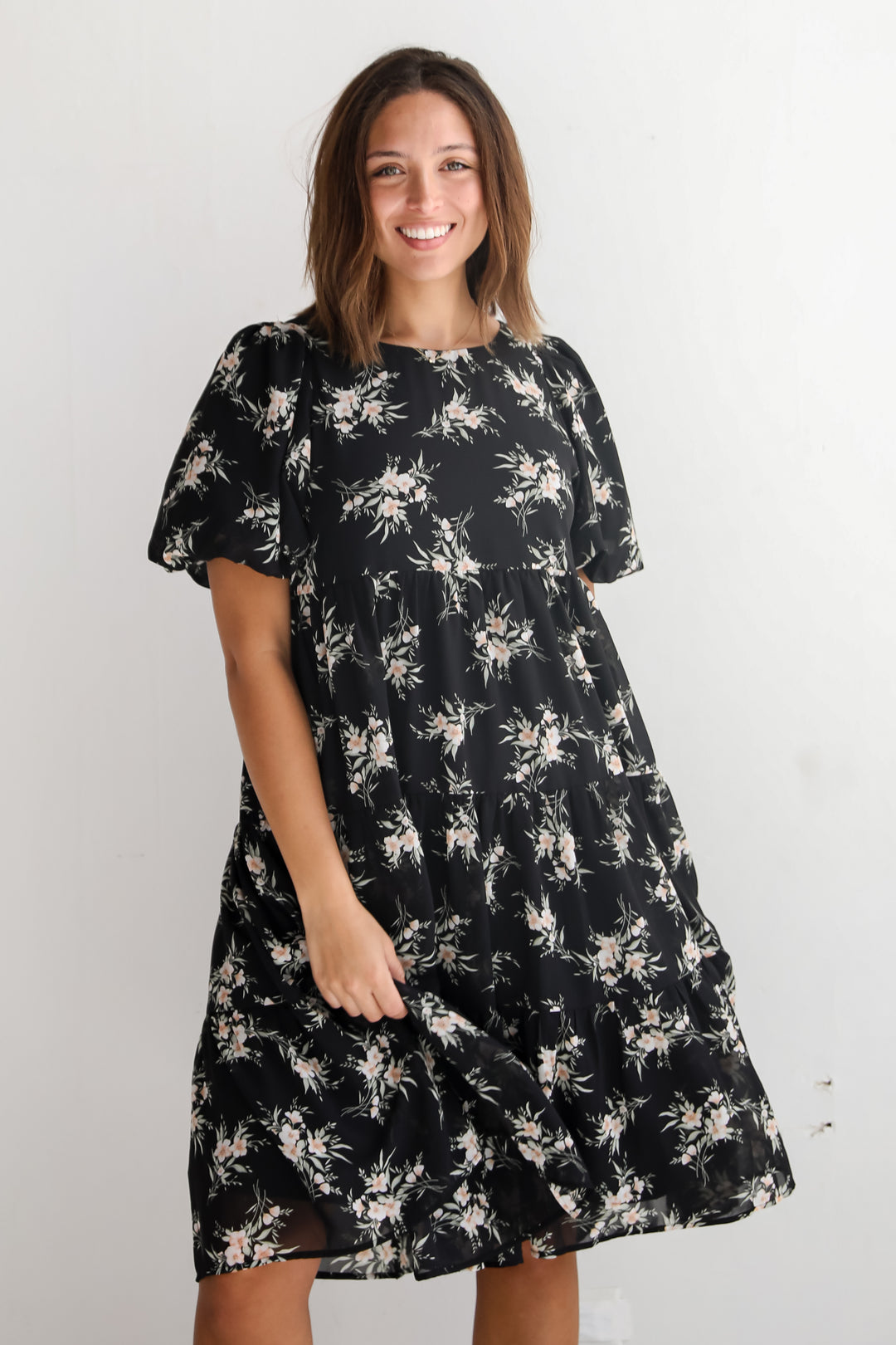 Perfectly Cherished Black Floral Tiered Midi Dress