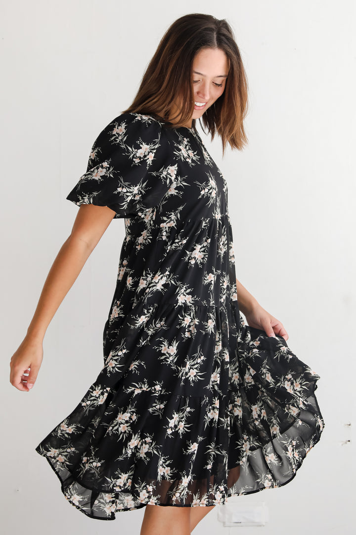 Perfectly Cherished Black Floral Tiered Midi Dress