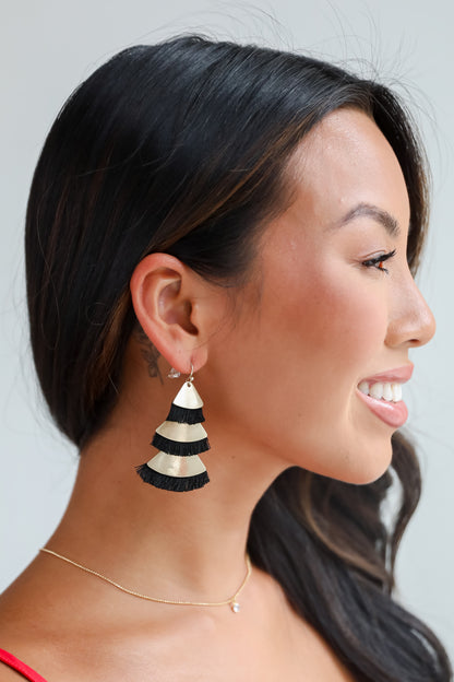 Aubrey Black Tiered Fringe Drop Earrings