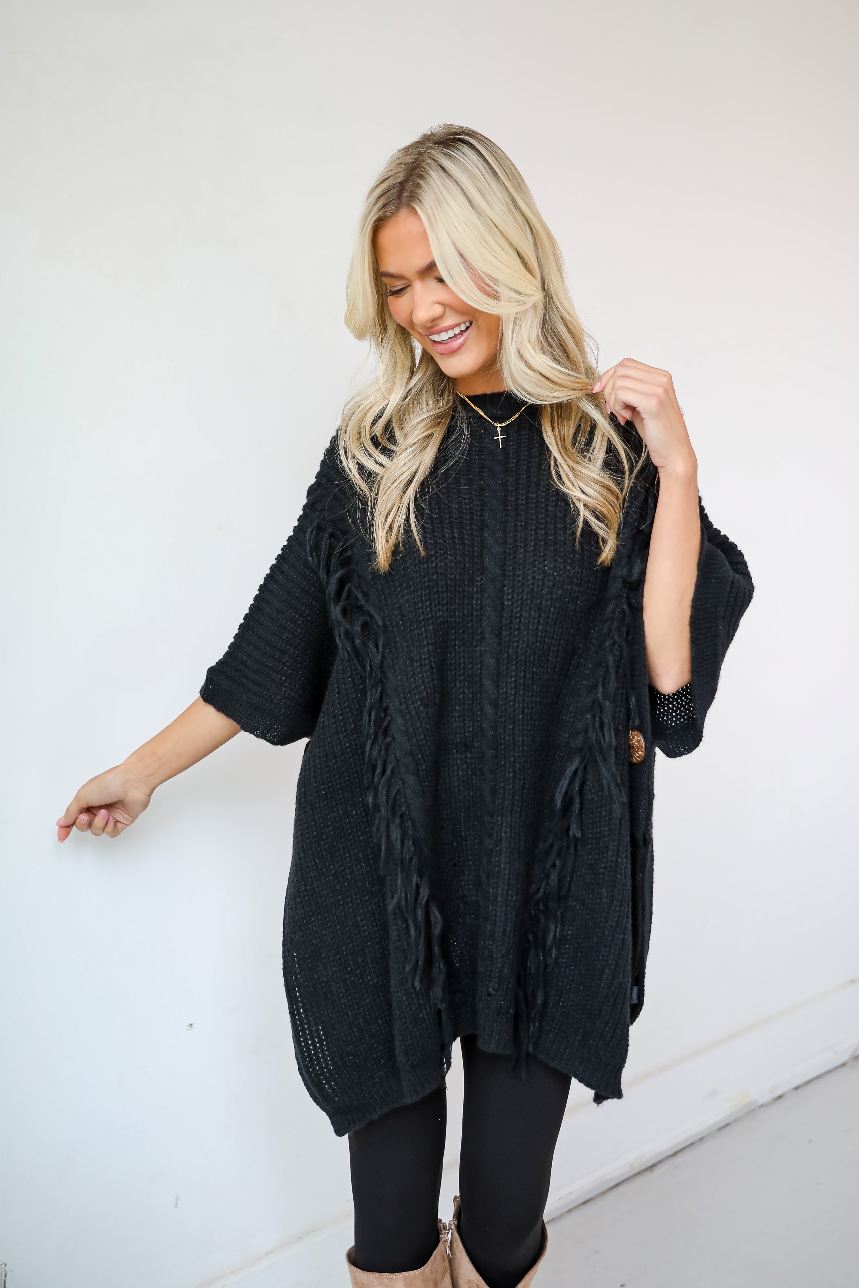 Chic Warmth Black Knit Poncho