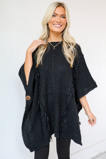 Chic Warmth Black Knit Poncho