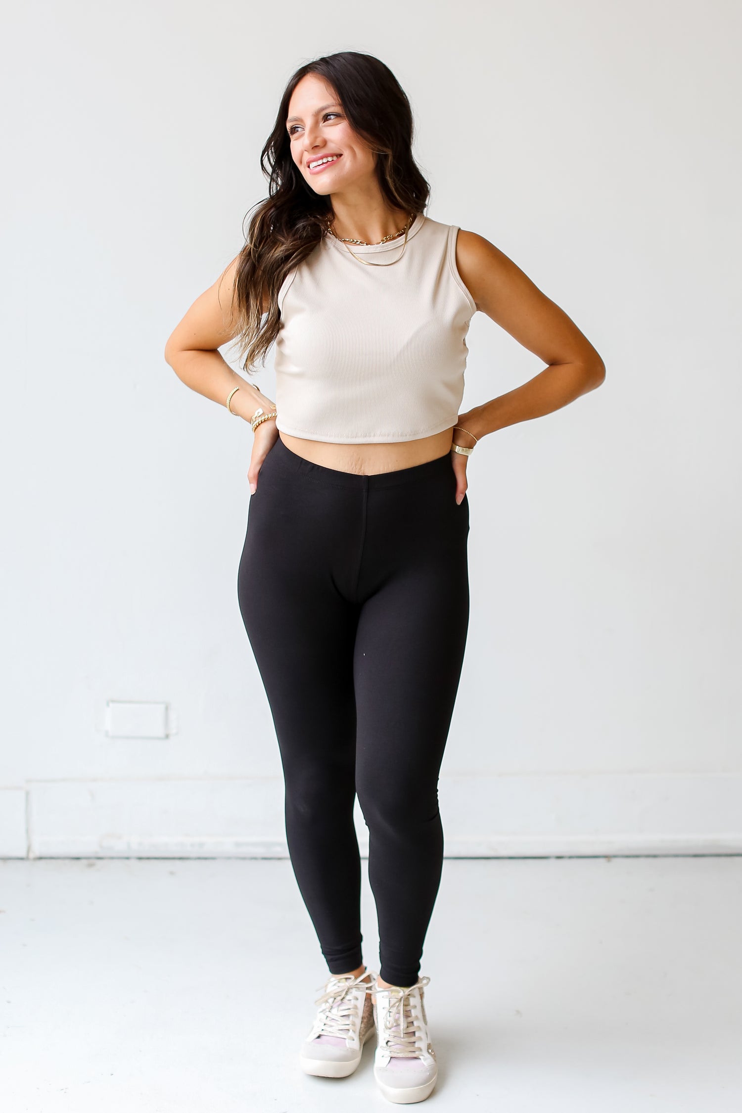 black High-Waisted Leggings on dress up model