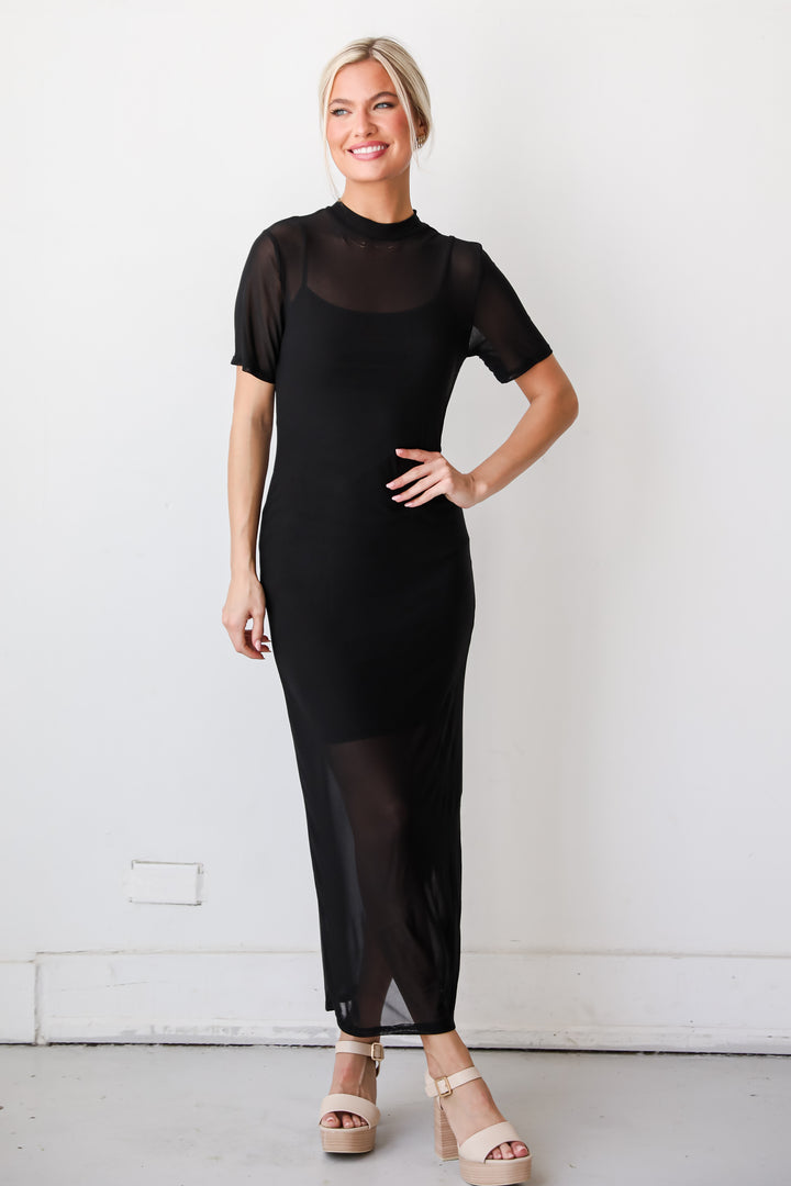 trendy Black Mesh Maxi Dress