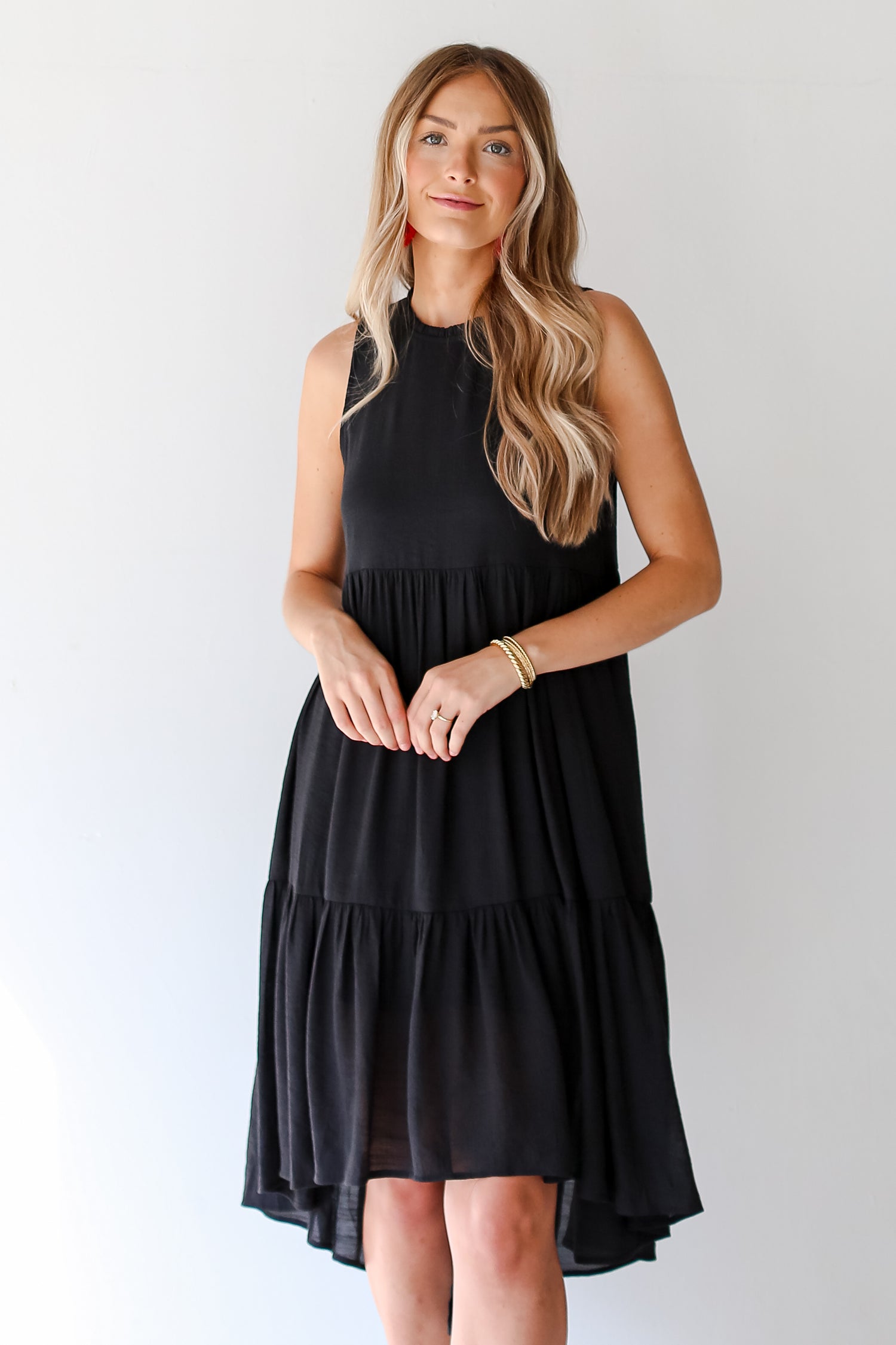 black Tiered Midi Dress front view