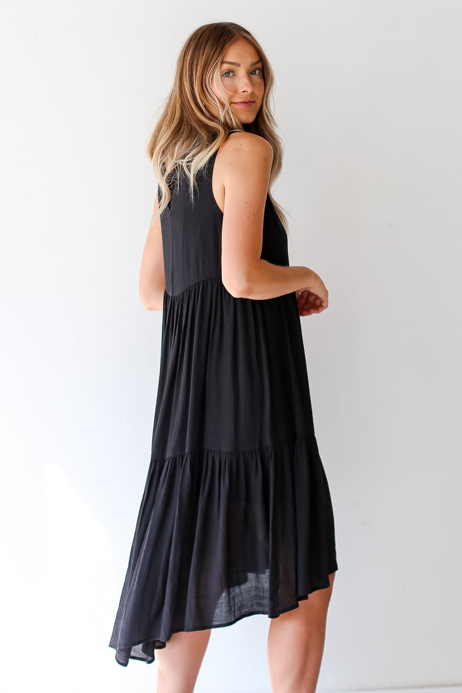 black Tiered Midi Dress side view