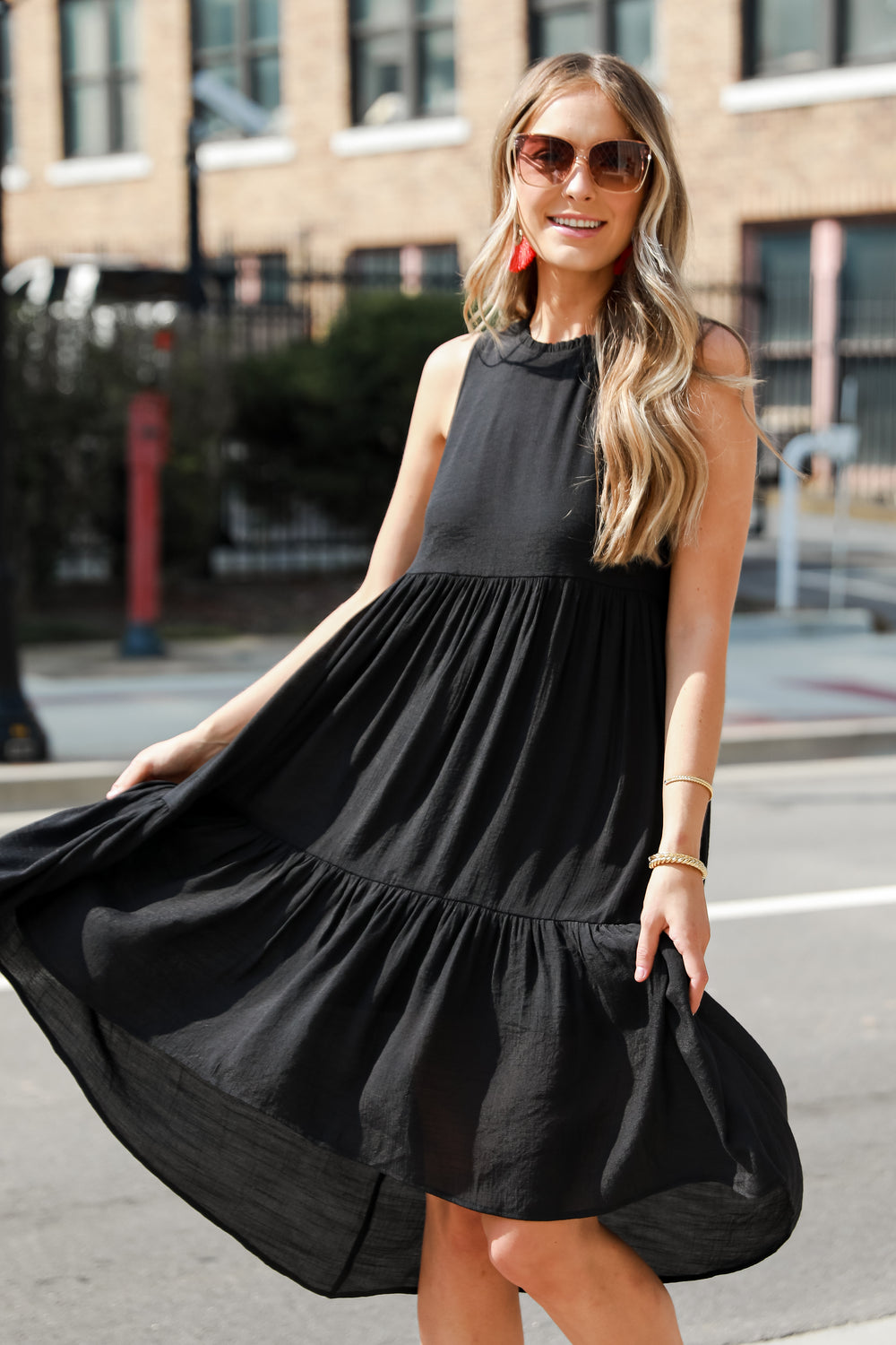 black Tiered Midi Dress on model