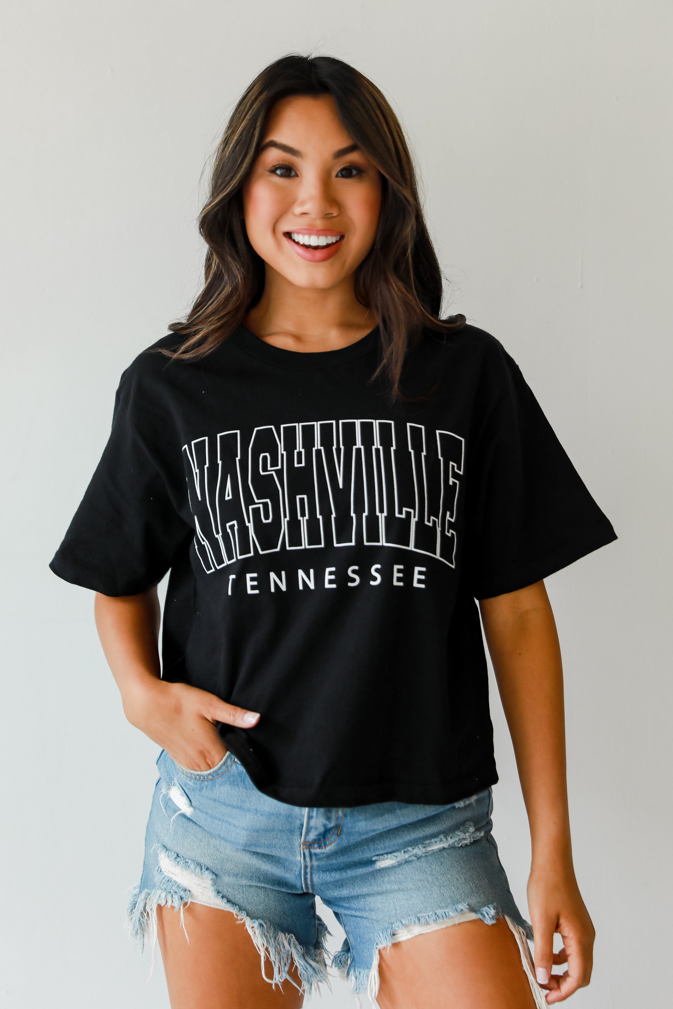 Black Nashville Tennessee Cropped Block Letter Tee on model