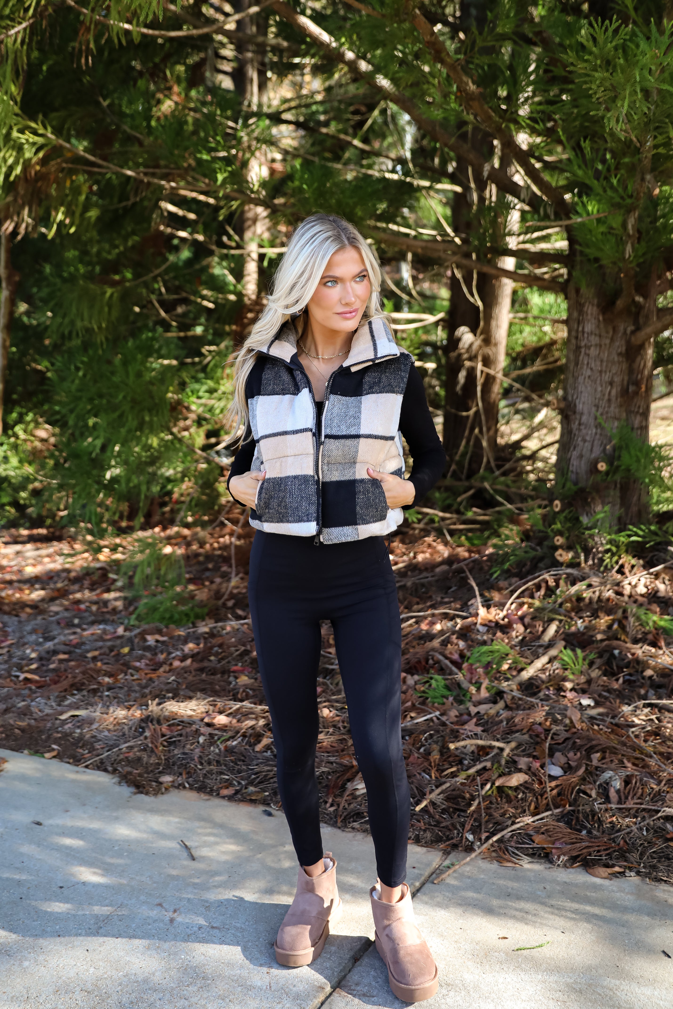 Wintertime Crush Taupe Plaid Puffer Vest