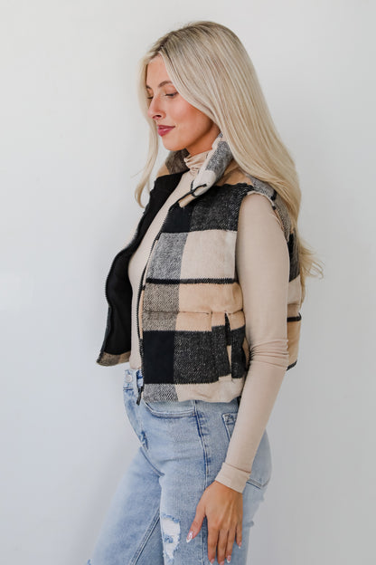 Wintertime Crush Taupe Plaid Puffer Vest