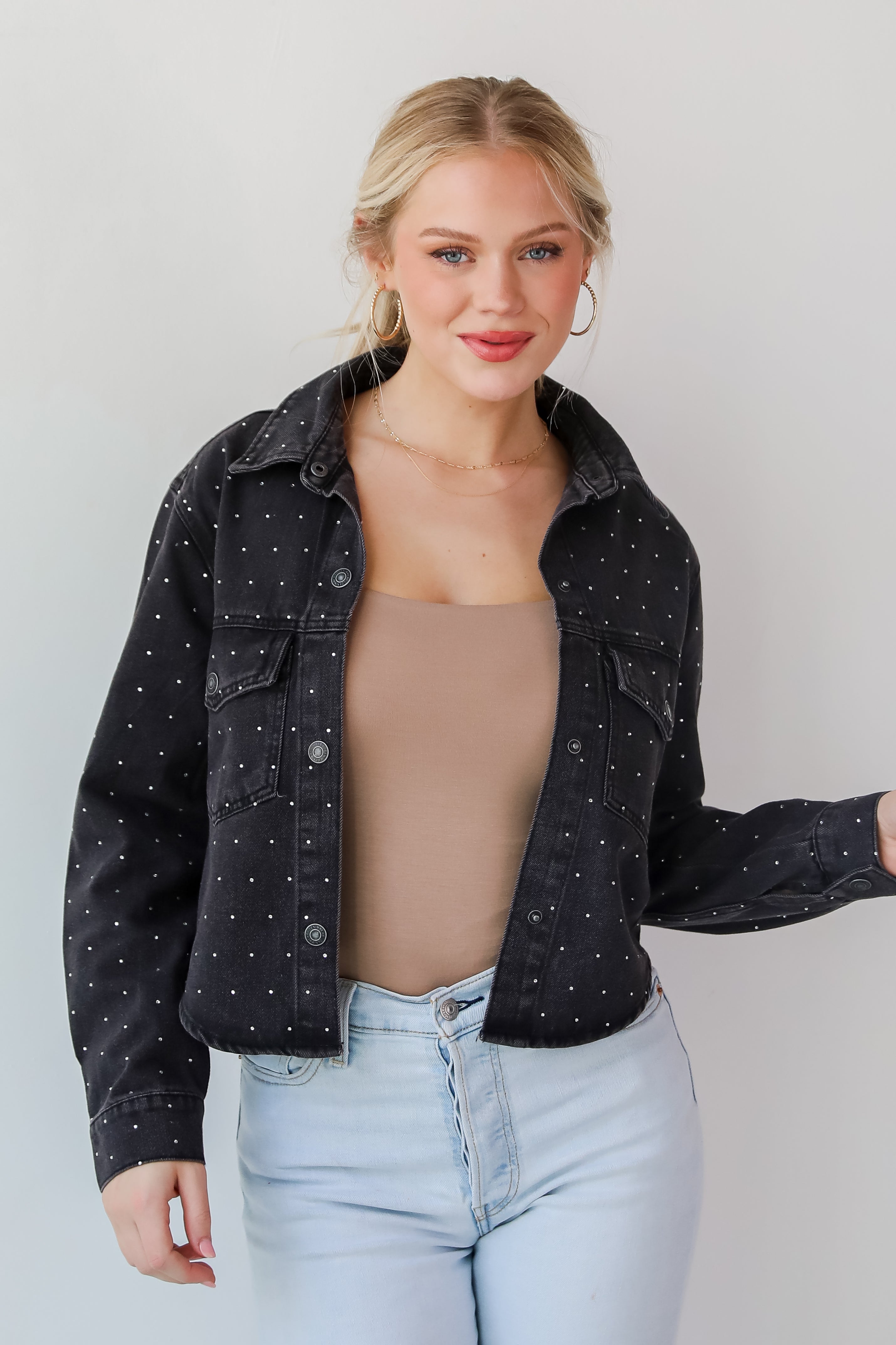 Dazzling Stunner Black Rhinestone Cropped Denim Jacket