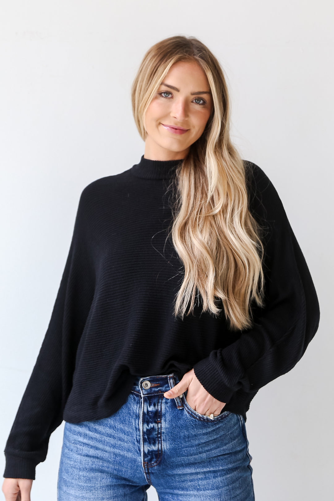 basic Black Brushed Ribbed Knit Top