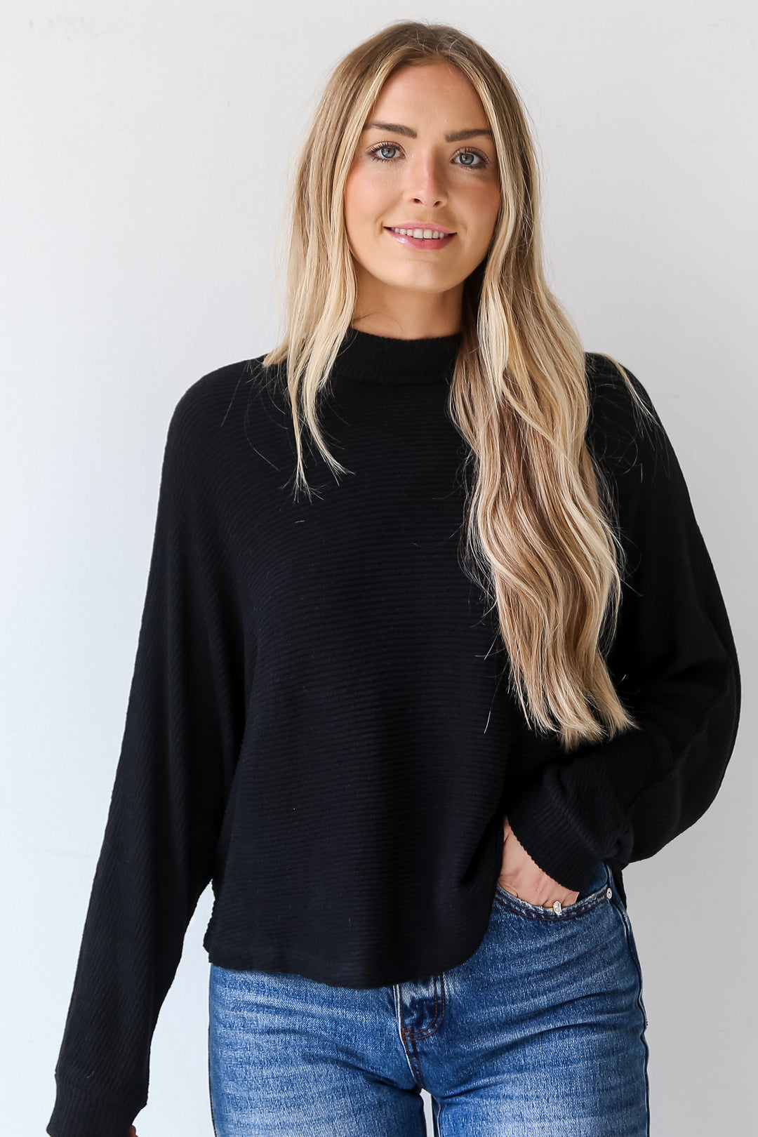 oversized Black Brushed Ribbed Knit Top