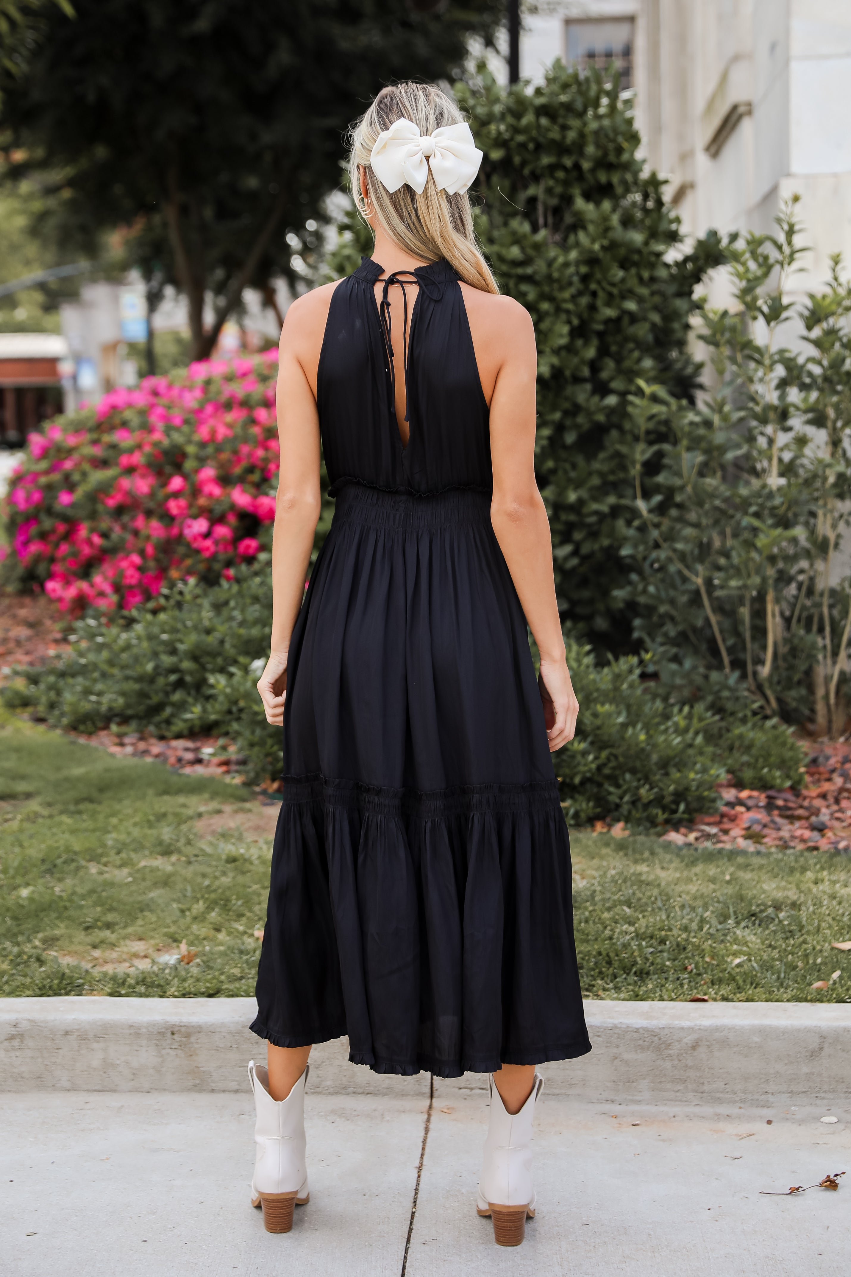 Lovely Intuition Black Satin Midi Dress