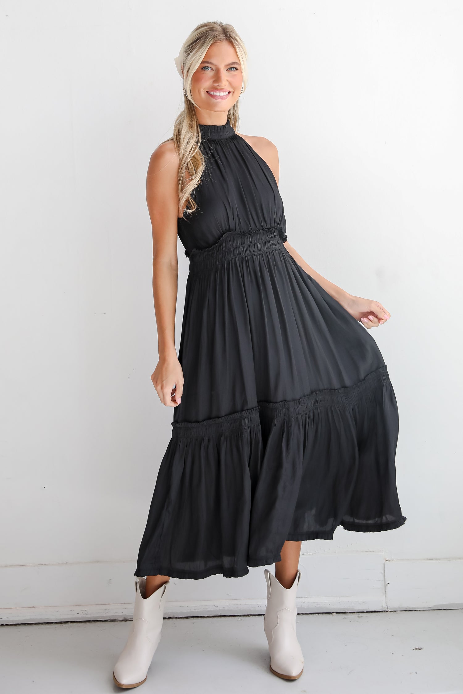 Lovely Intuition Black Satin Midi Dress