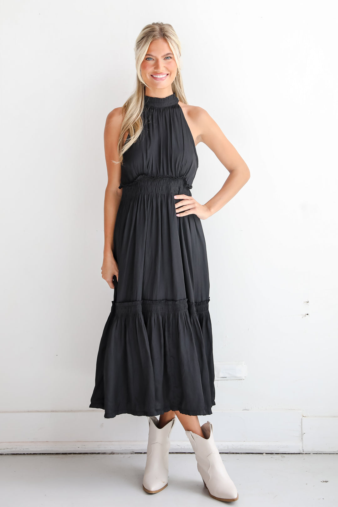 Lovely Intuition Black Satin Midi Dress