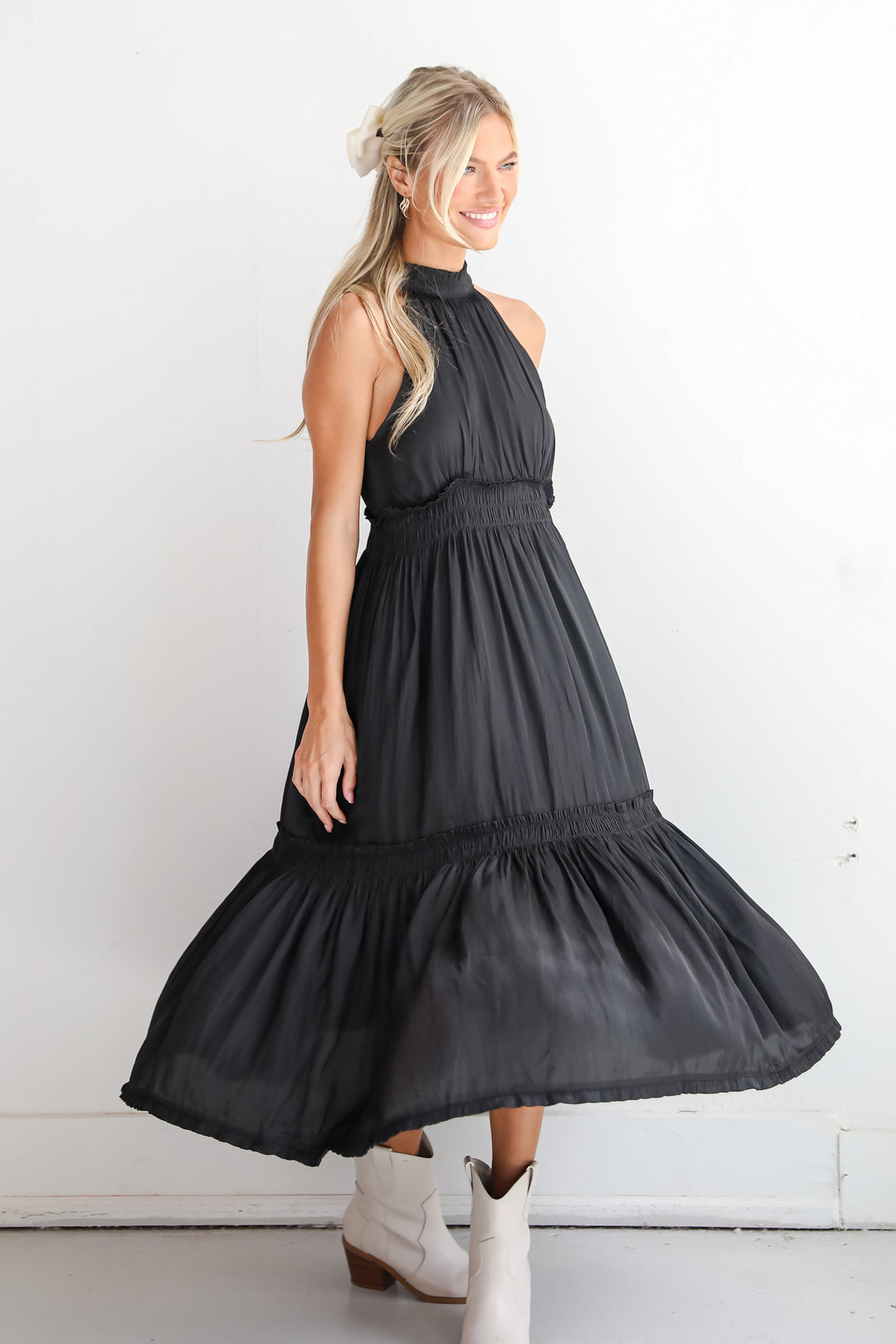 Lovely Intuition Black Satin Midi Dress