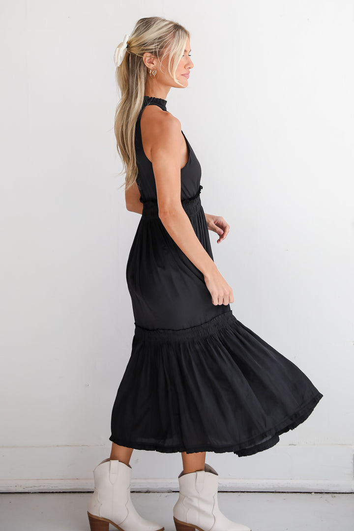 Lovely Intuition Black Satin Midi Dress