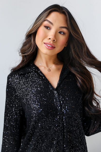 Black Sequin Button-Up Blouse close up