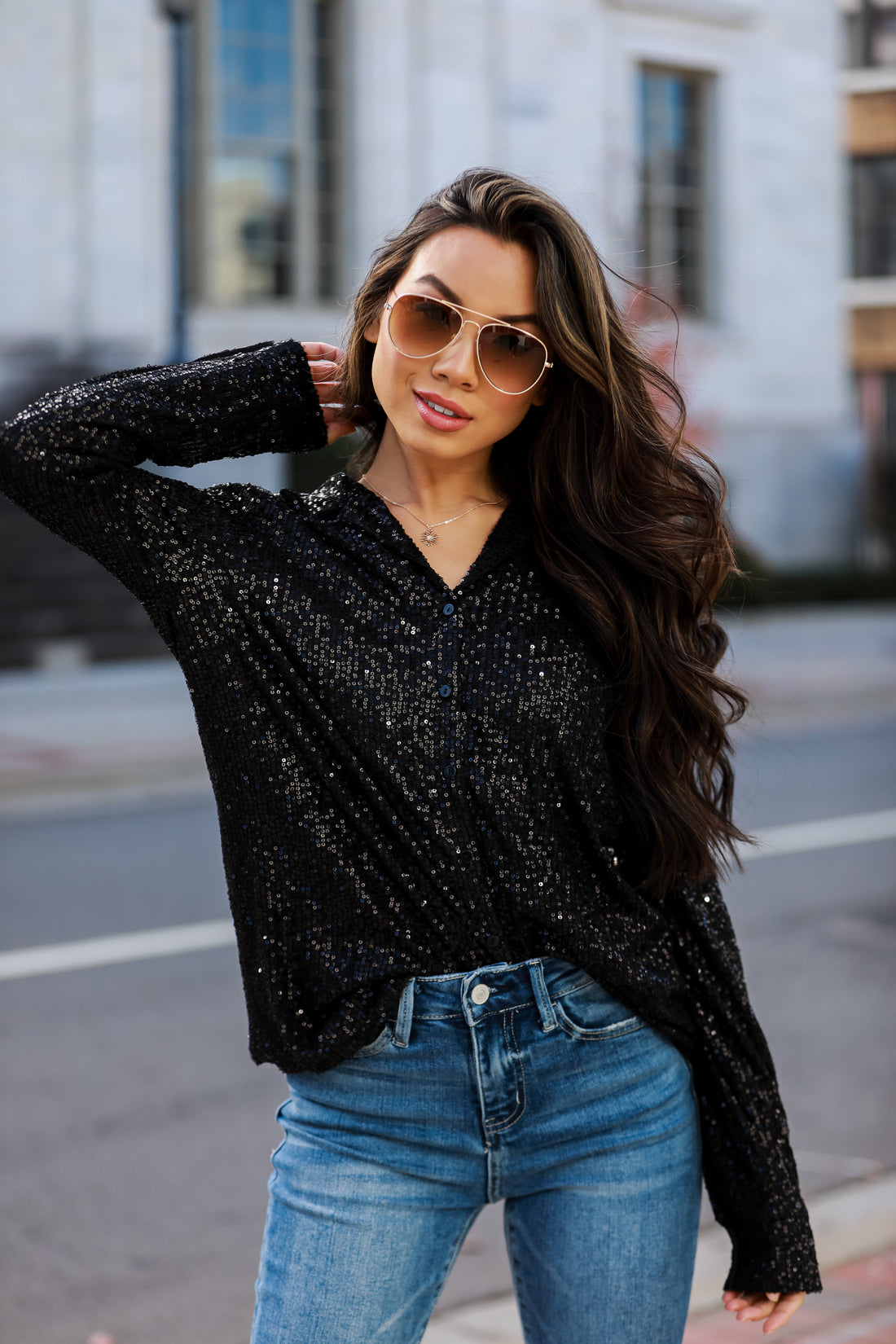 Black Sequin Button-Up Blouse