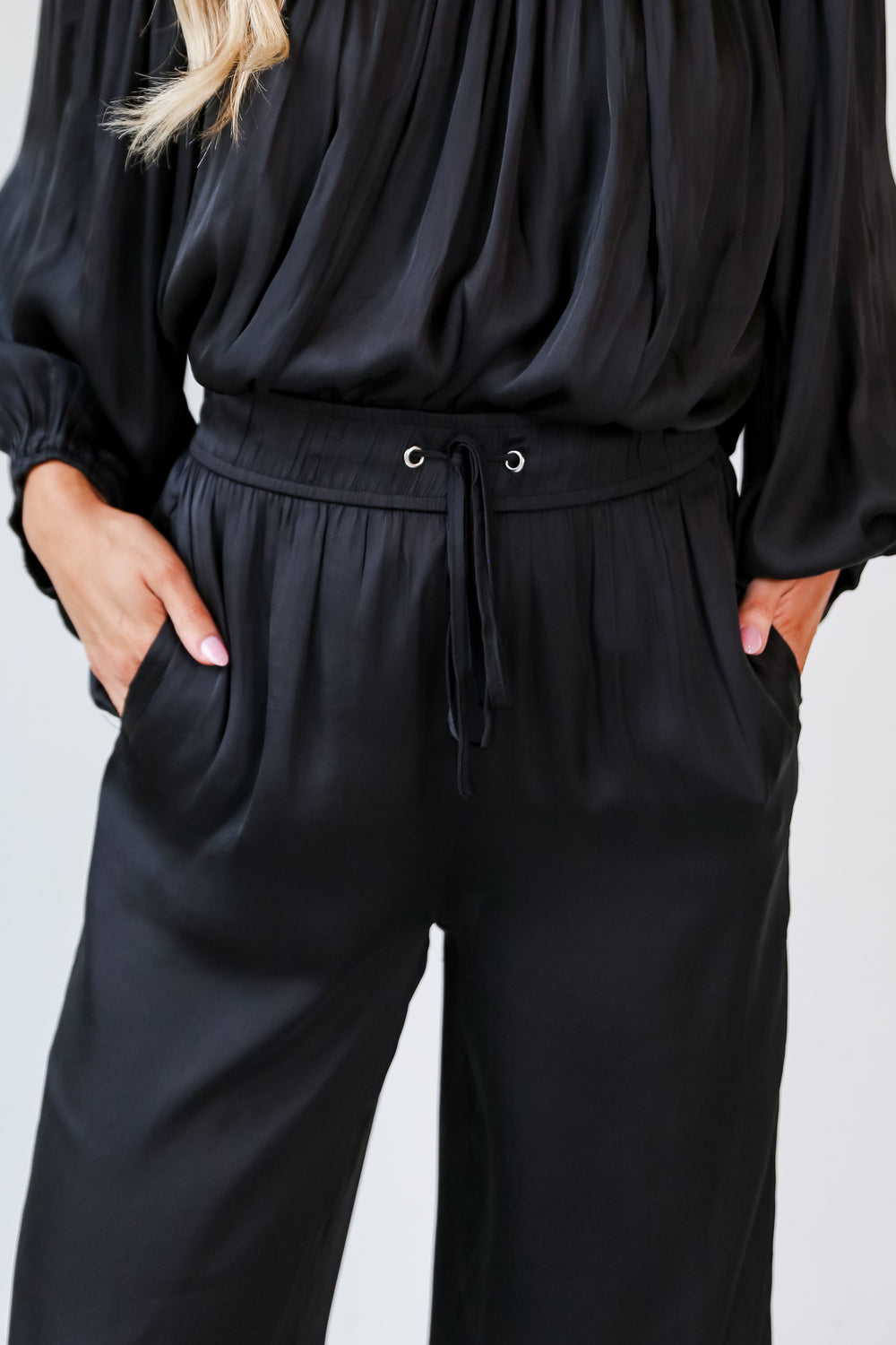 Black Satin Wide Leg Pants close up