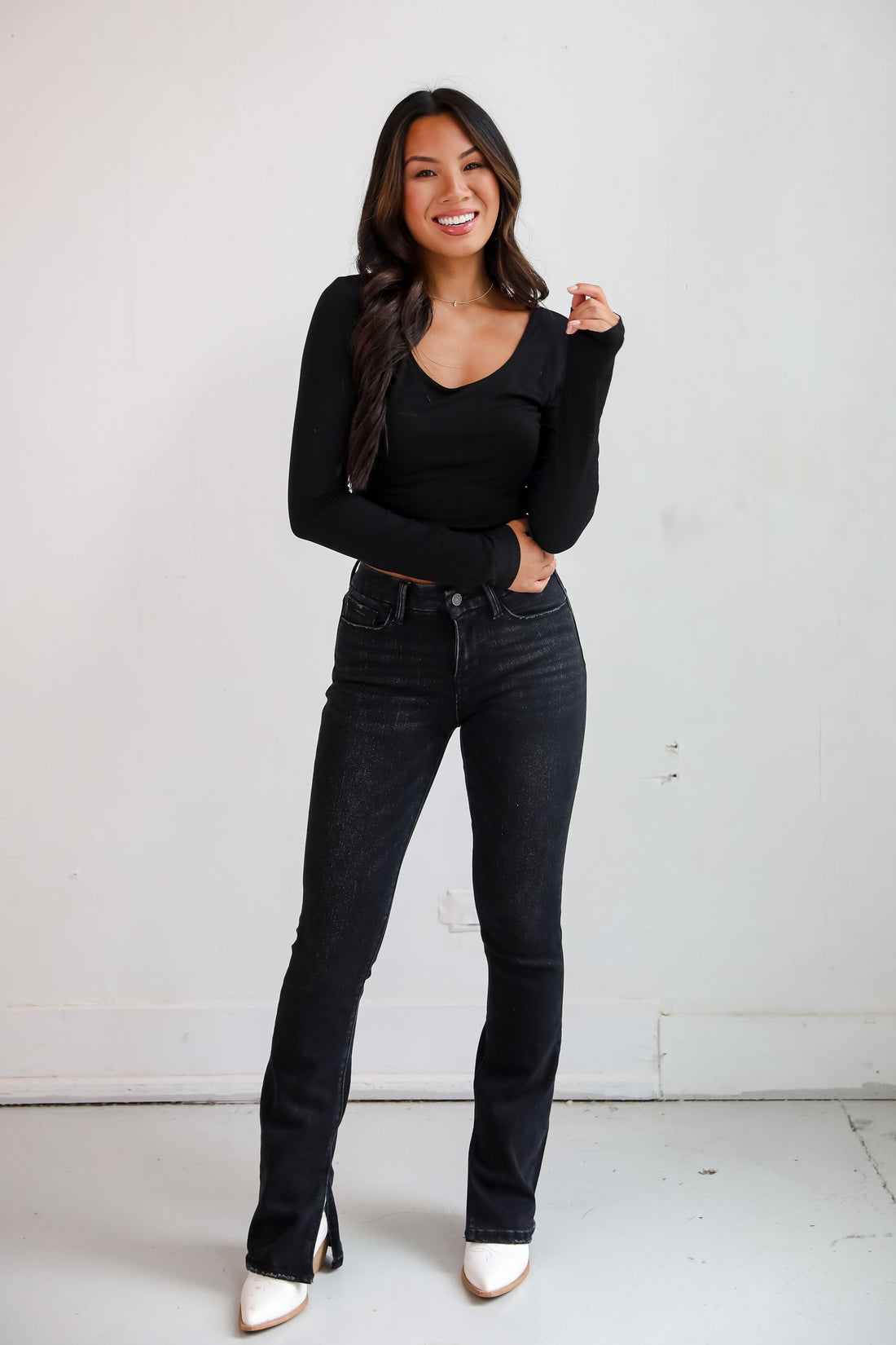 Miranda Black Mid-Rise Slit Hem Bootcut Jeans