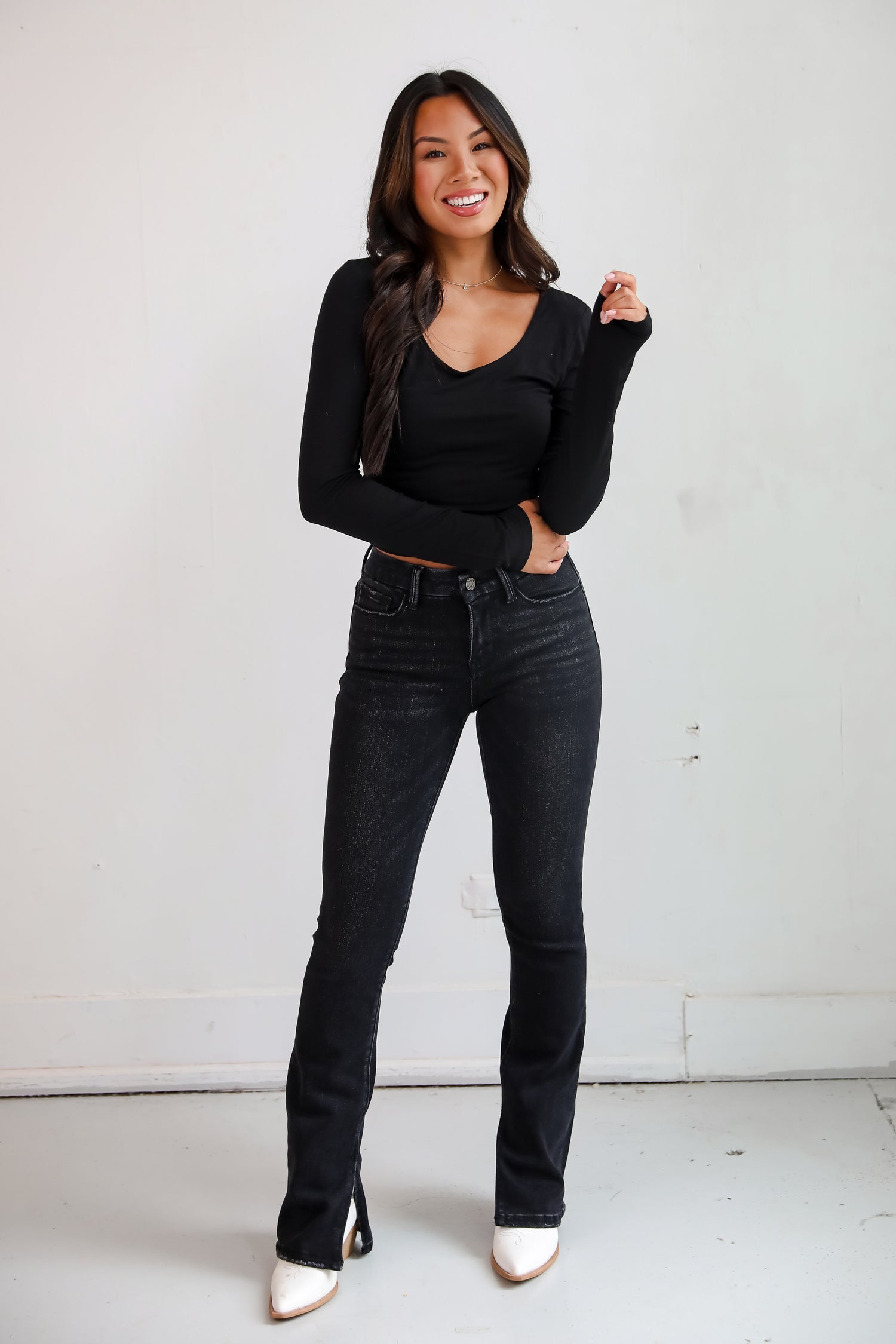 Miranda Black Mid-Rise Slit Hem Bootcut Jeans