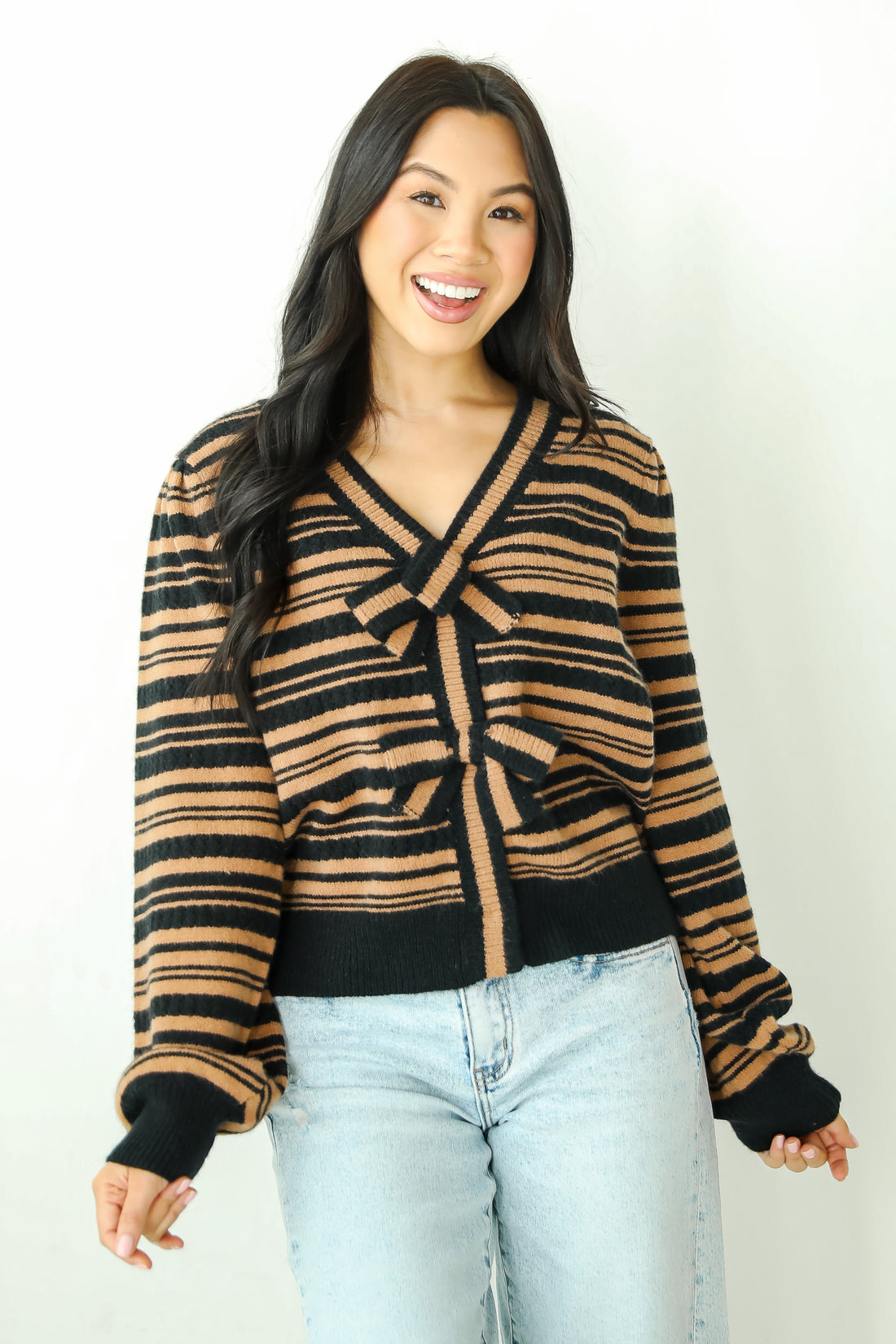 Simply Immaculate Black Striped Bow Sweater Cardigan