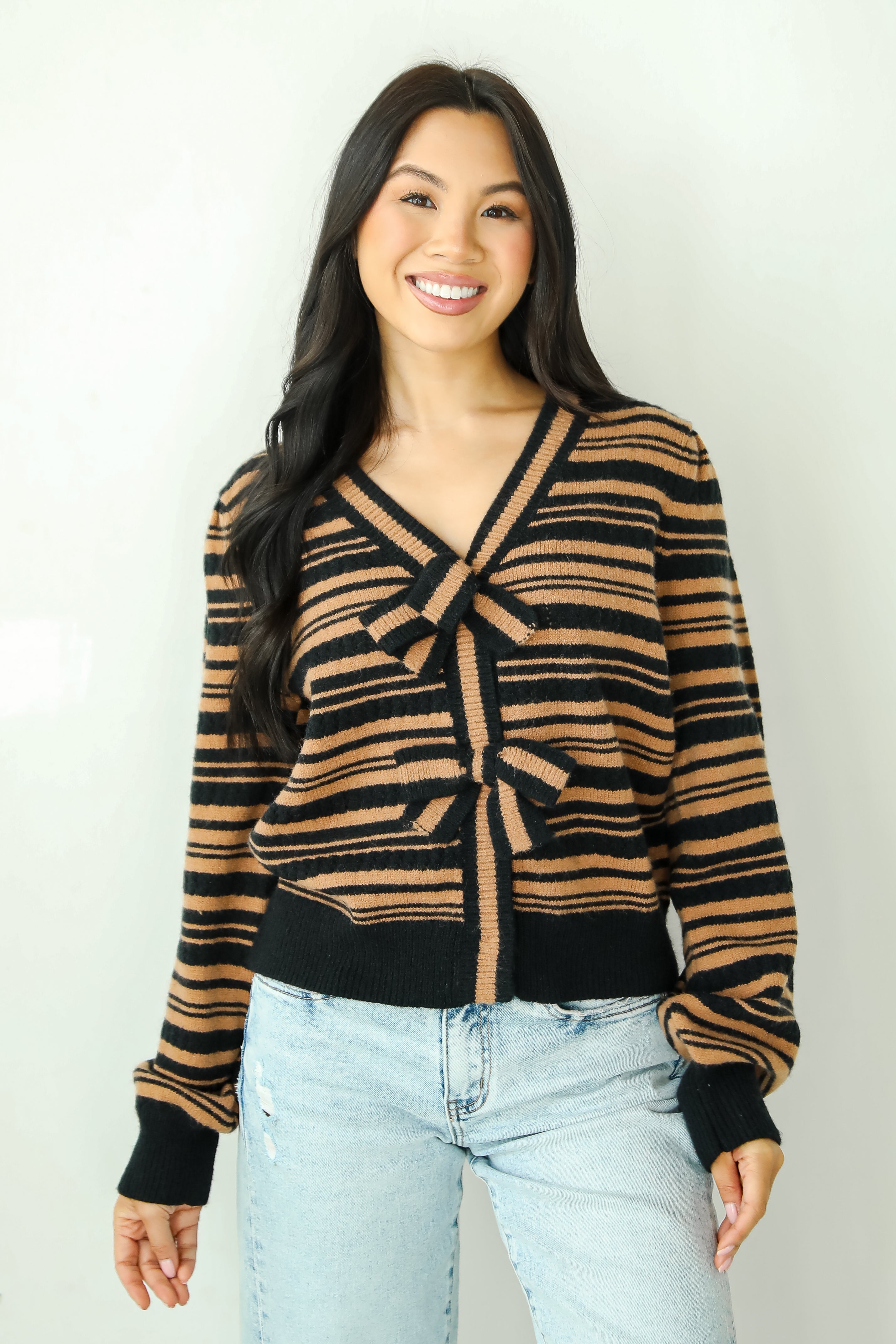 Simply Immaculate Black Striped Bow Sweater Cardigan