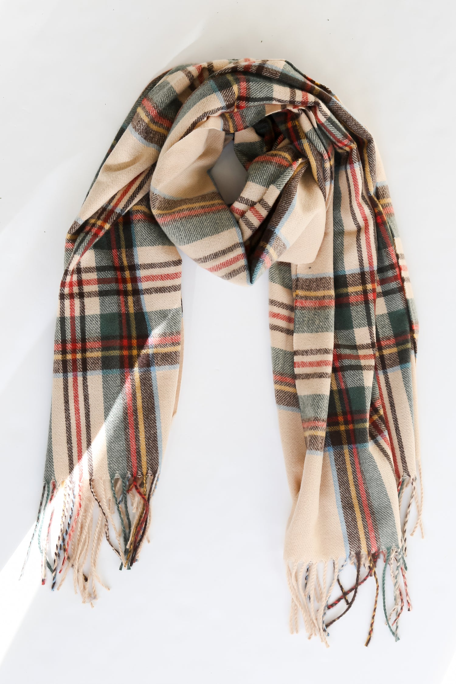 Cozy Plaid Fringe Scarf flat lay