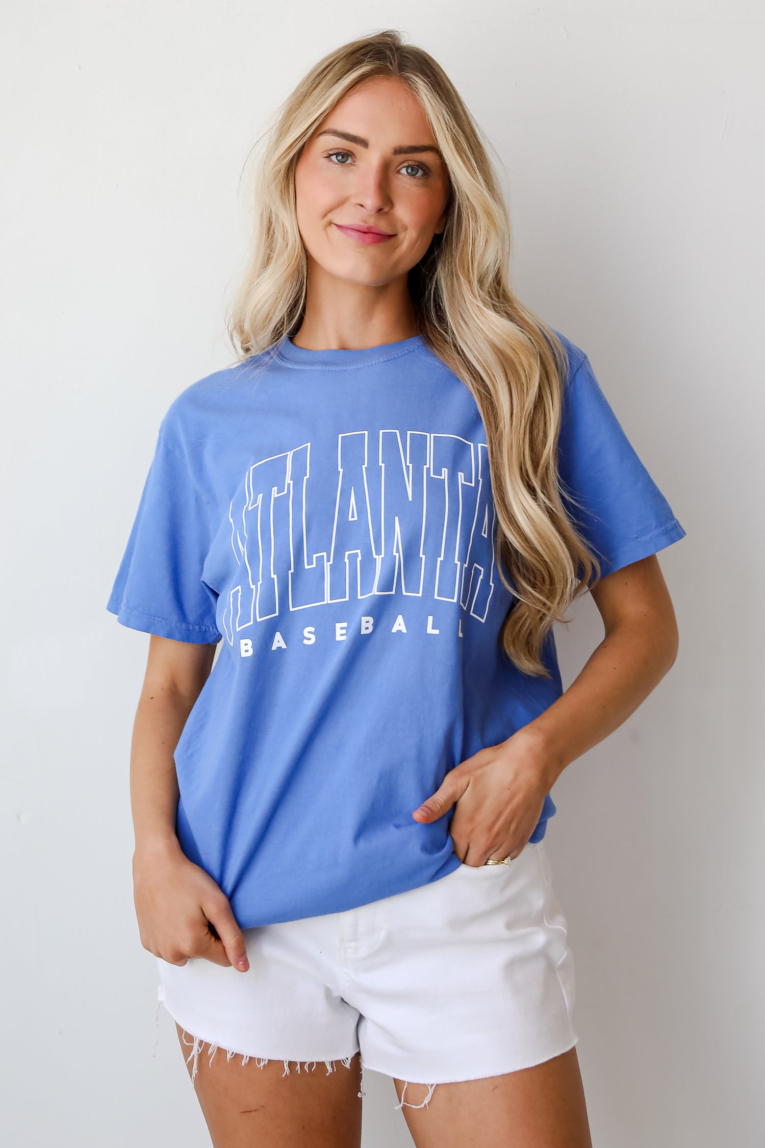 Blue Atlanta Baseball Block Letter Tee for women