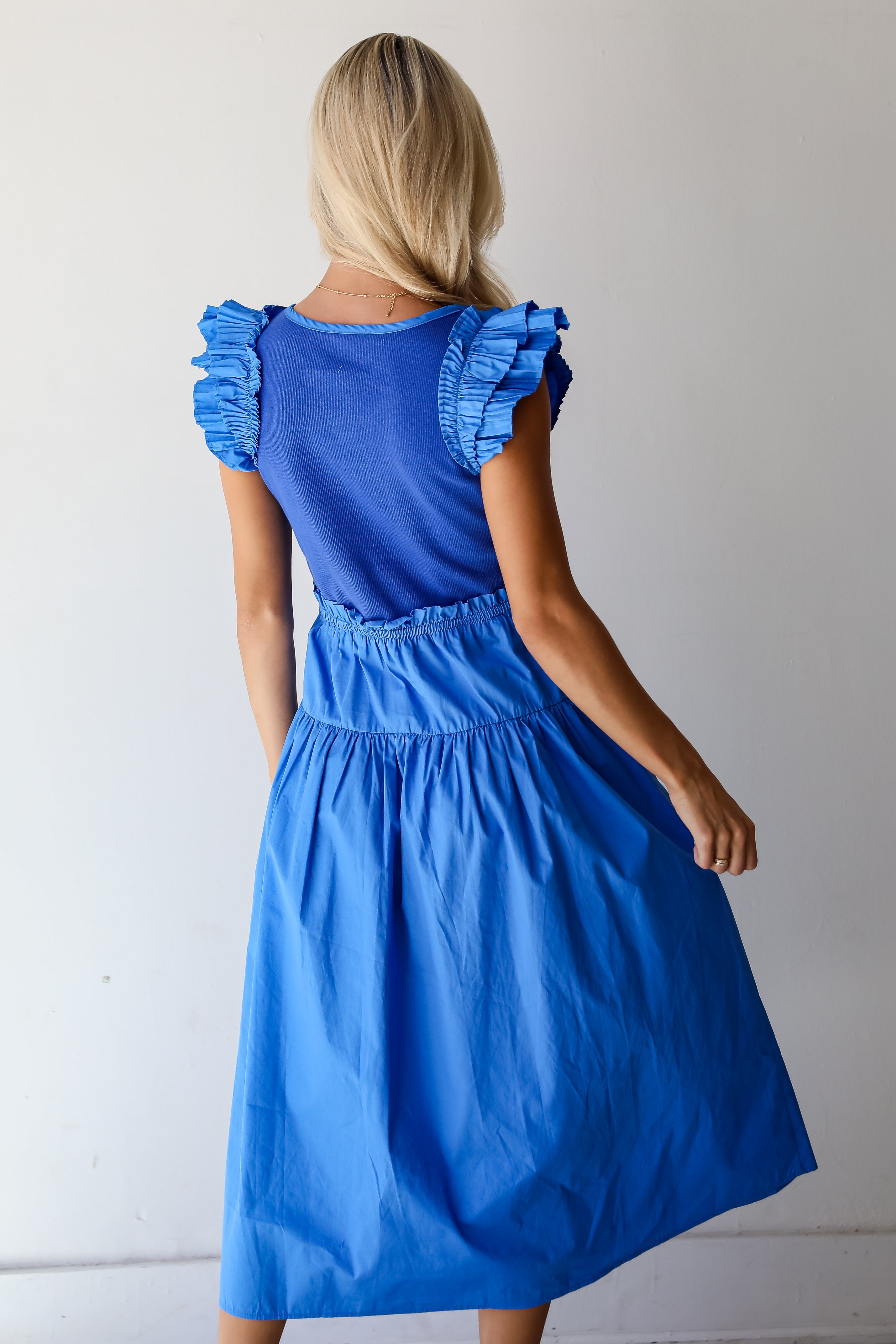 Exceedingly Dreamy Blue Contrast Ruffle Midi Dress