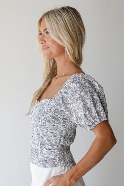 Sunny Confidence Blue Floral Ruched Blouse