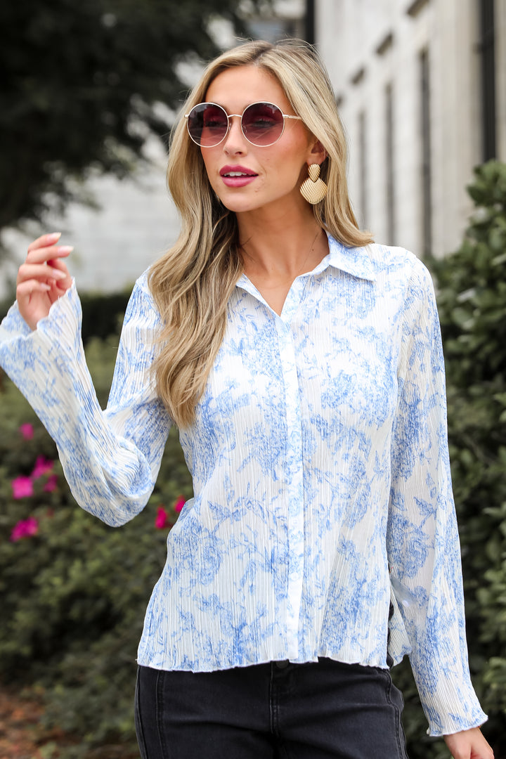 Modern Devotion Blue Floral Plisse Button-Up Blouse