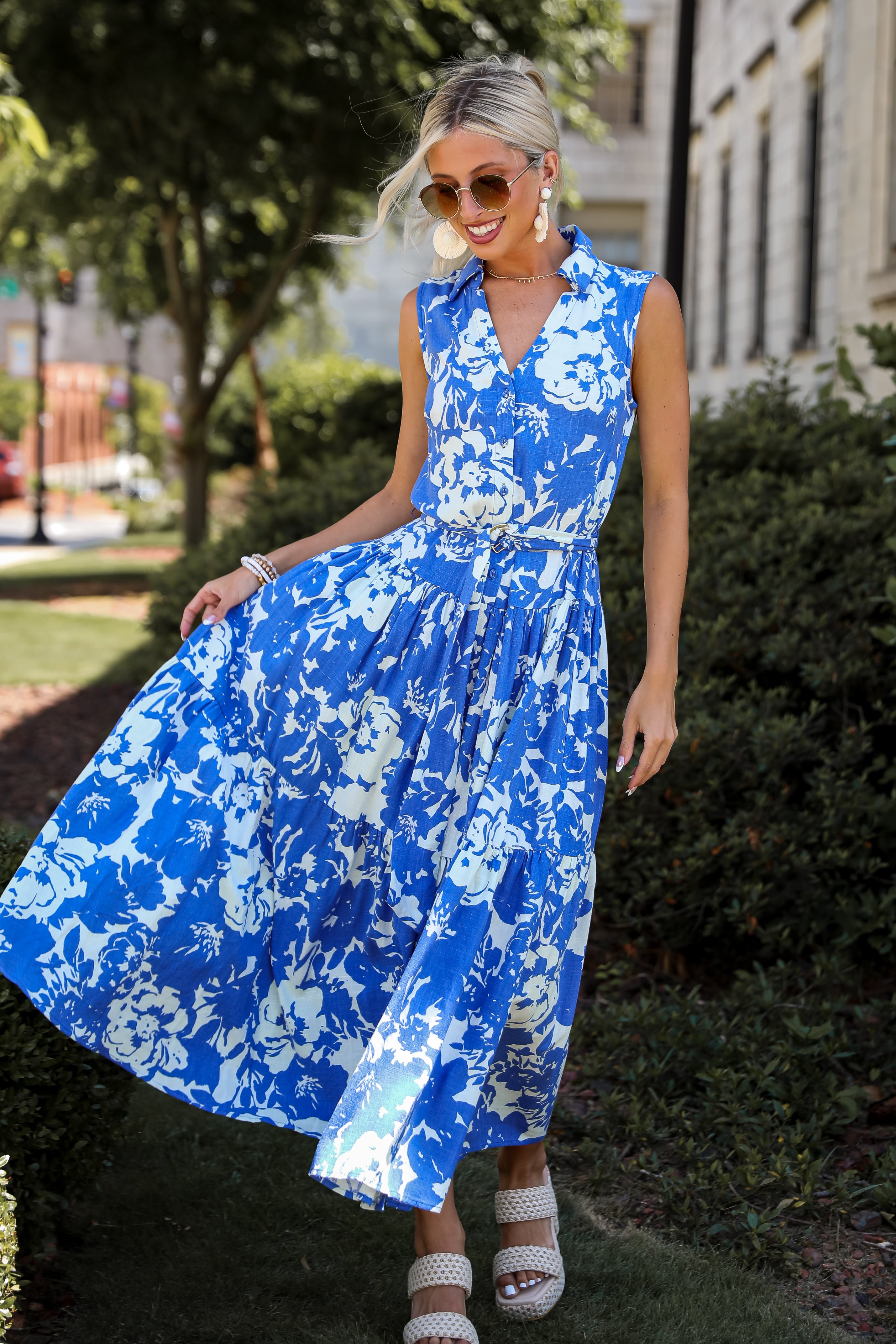 Royal Blue Floral Linen Maxi Dress 