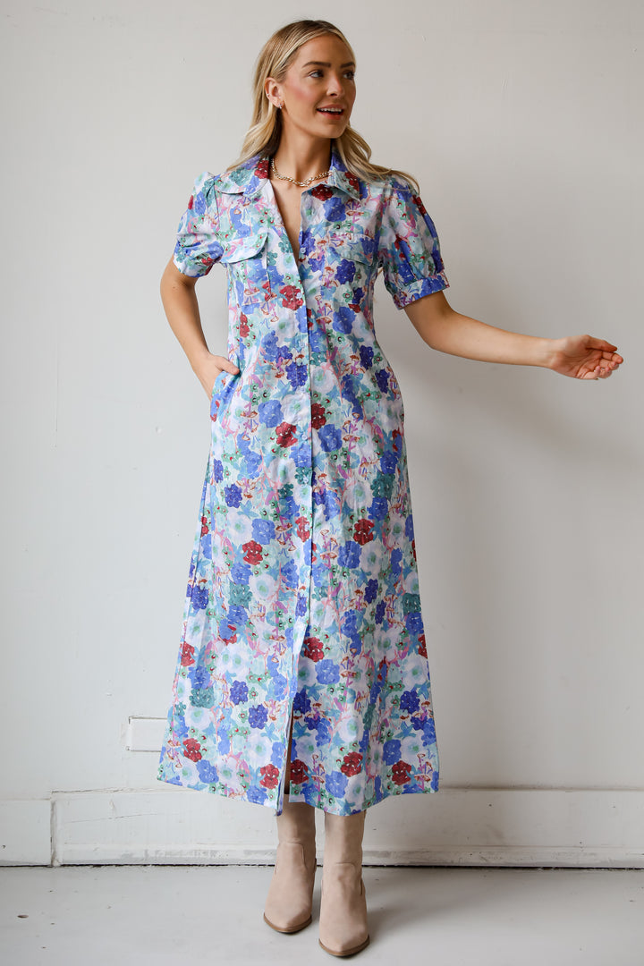 cute Blue Floral Maxi Dress