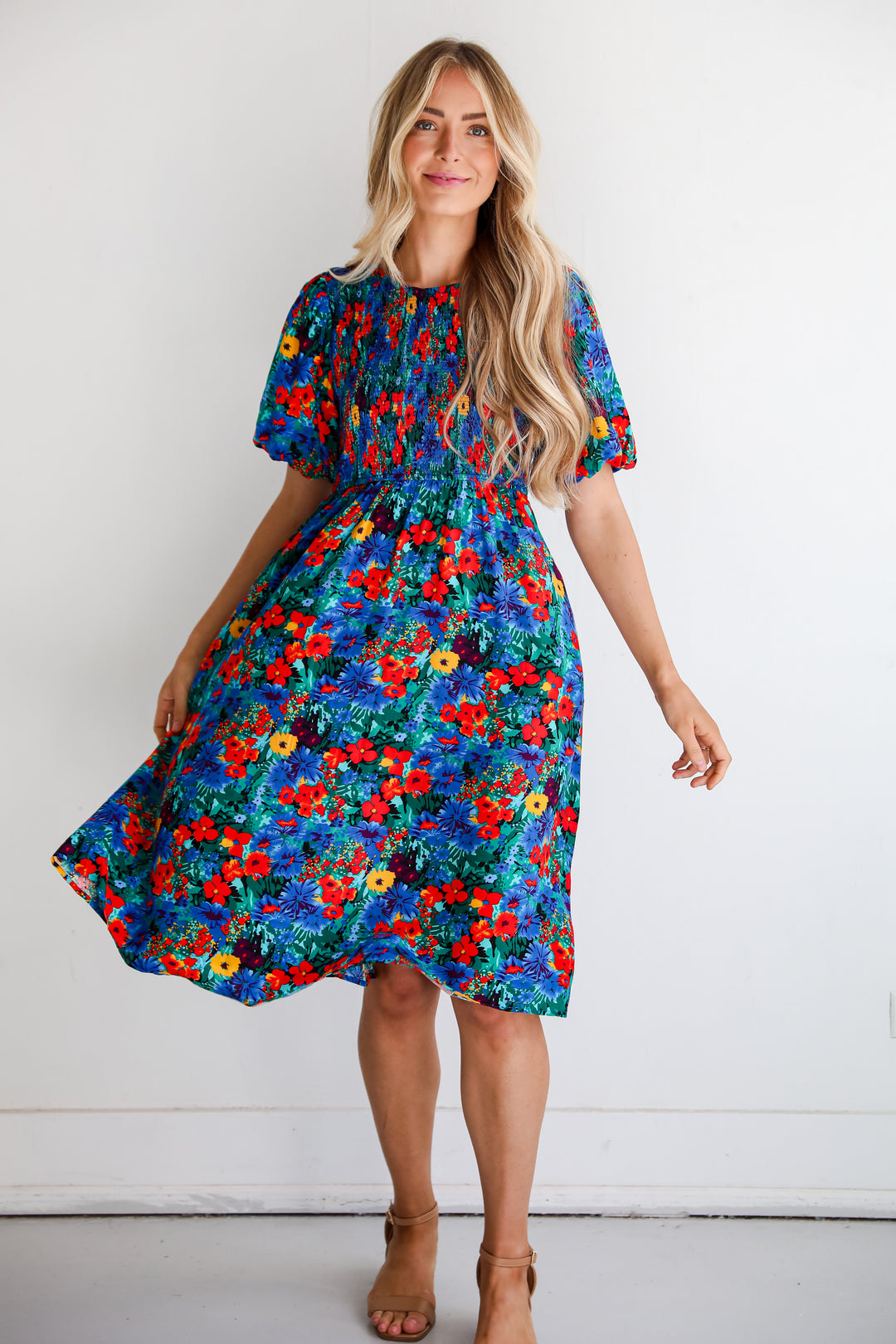 womens Blue Floral Midi Dress