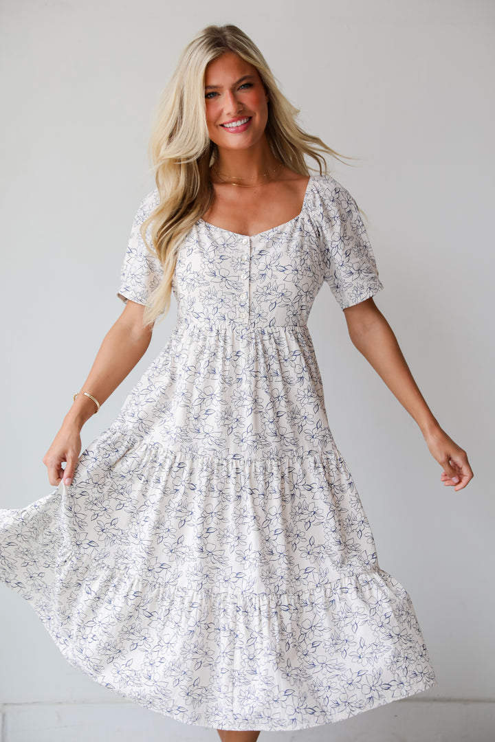 True Charm White Tiered Floral Midi Dress