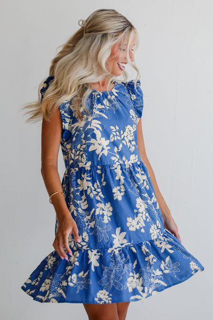 Flirtatious Poise Blue Floral Tiered Mini Dress