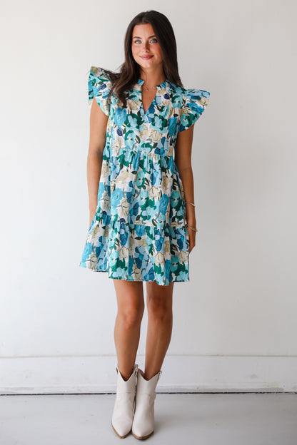 Flourishing Confidence Blue Floral Tiered Mini Dress