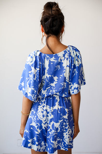 Charming Pose Royal Blue Floral Linen Romper