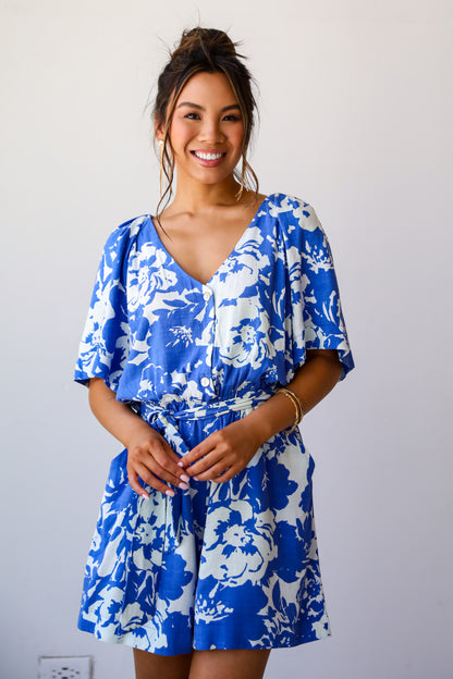 Charming Pose Royal Blue Floral Linen Romper