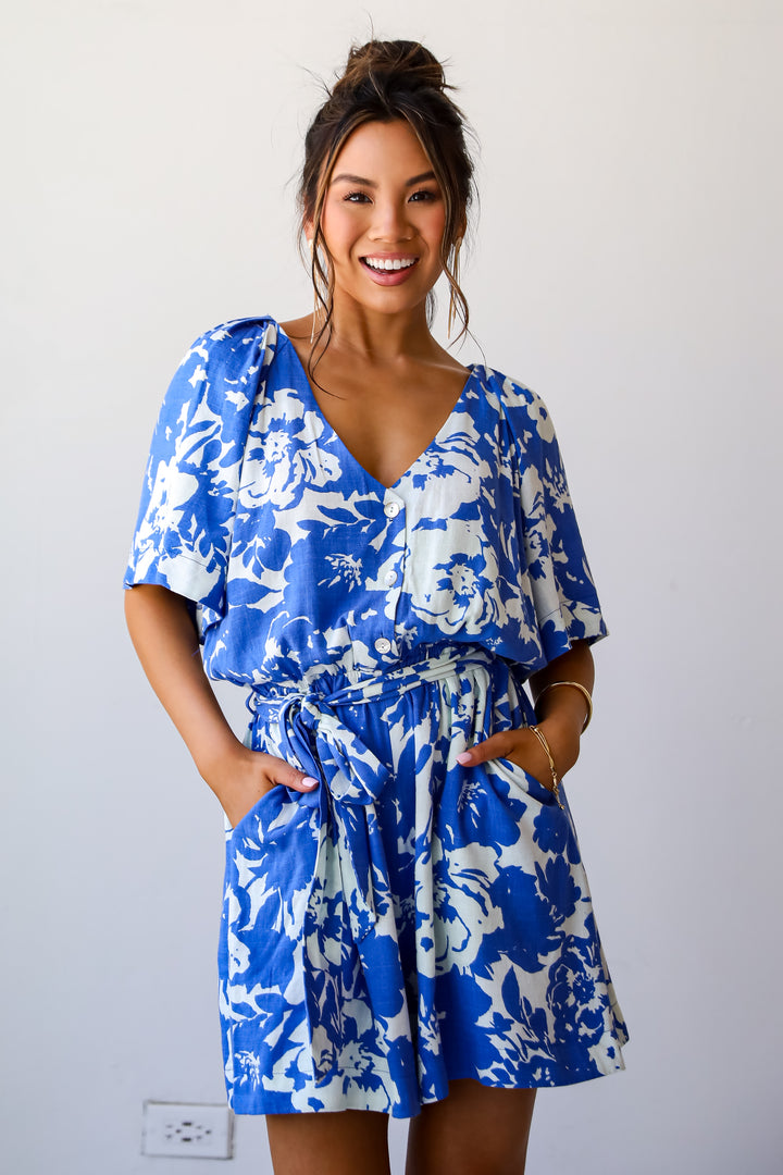 Charming Pose Royal Blue Floral Linen Romper