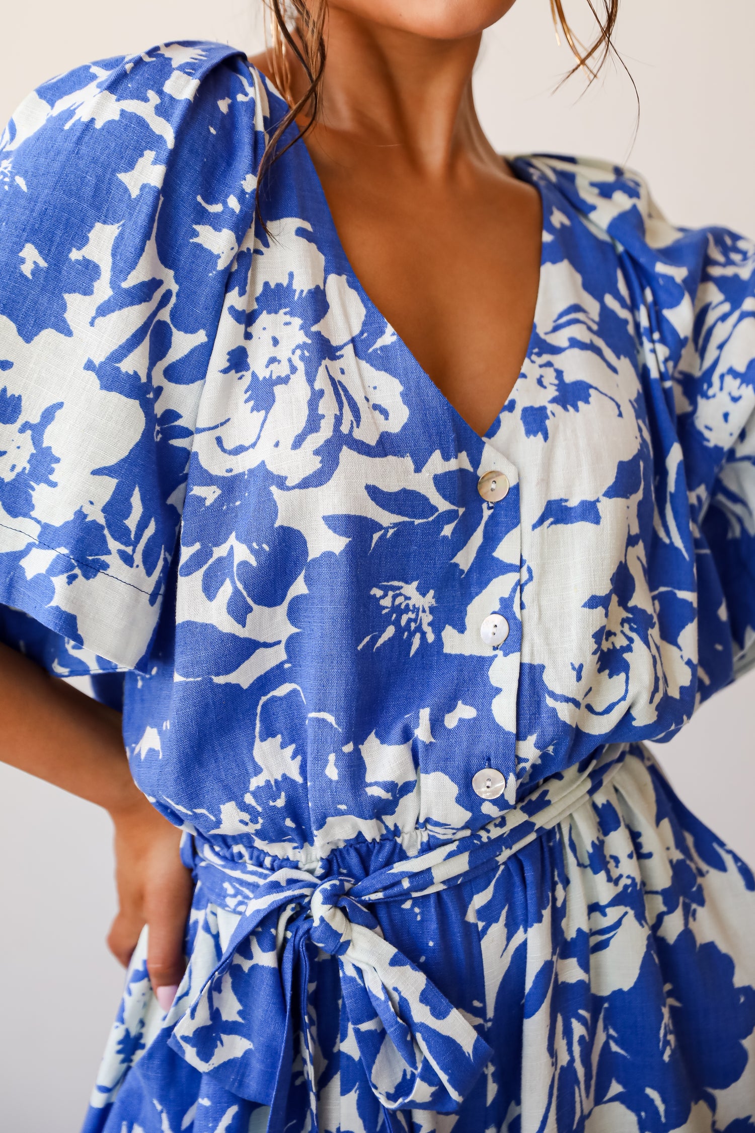 Charming Pose Royal Blue Floral Linen Romper